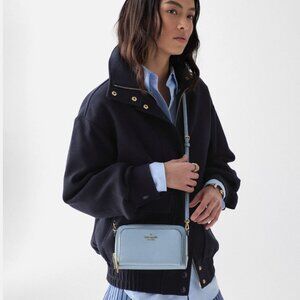 New Kate Spade Staci Dual Zip Around Crossbody Saffiano Leather Muted Blue